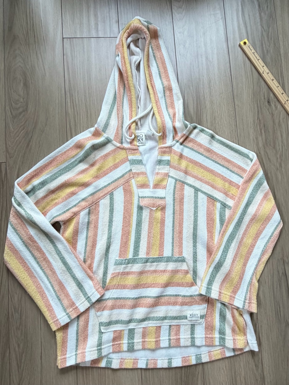 ROXY Striped Pastel Hooded Pullover Hoodie Terry Knit Kangaroo Pocket Sz S NWOT
